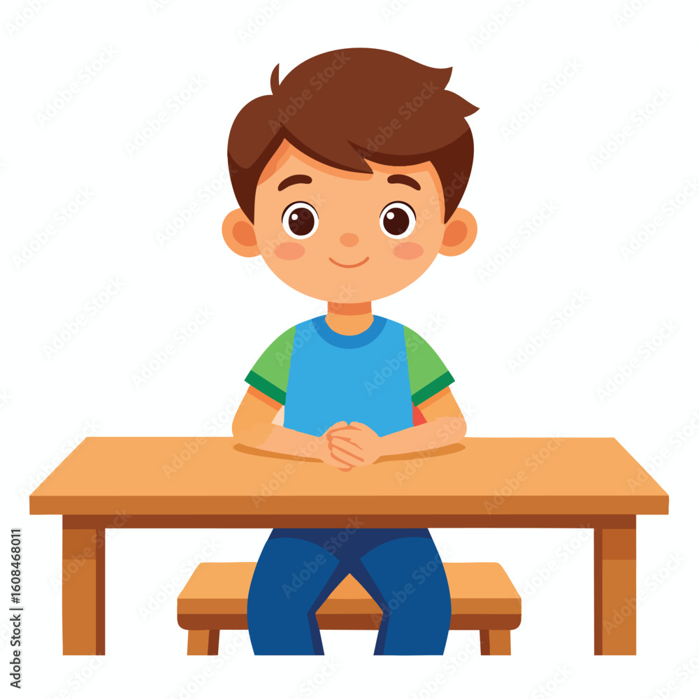 A young boy with brown hair sits at a wooden desk, smiling. A young boy with brown hair sits at a wooden desk, smiling.