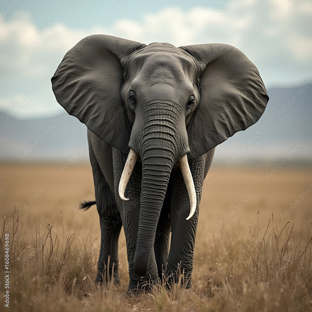 Naklejka premium Majestic Elephant Standing in Grassy Field Under Cloudy Sky