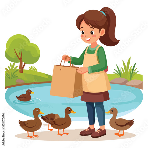 A young girl stands by a pond, holding a bag and feeding ducks with a smile on her face.