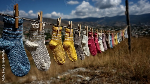 Sunny outdoor scene with bright baby socks pegged above grassy hill and open sky
