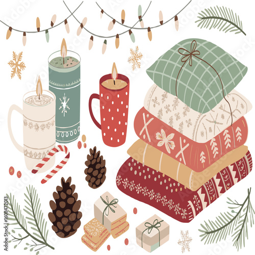 Cozy winter holiday elements including lit candles pinecones candy cane snowflakes and stacked blankets with festive patterns