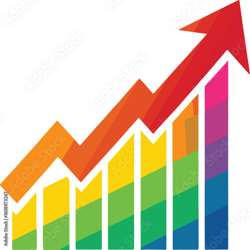 Colorful bar graph with red arrow pointing upwards on white background chart increase