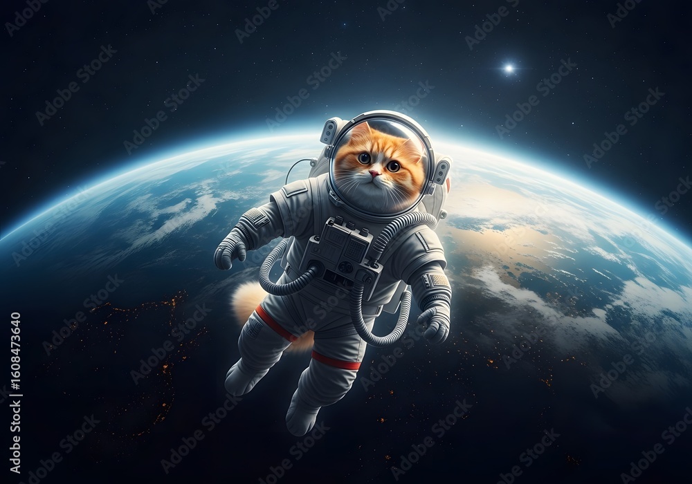 custom made wallpaper toronto digitalAn adorable ginger cat in a detailed astronaut suit floats gracefully above a vibrant blue planet in deep space.