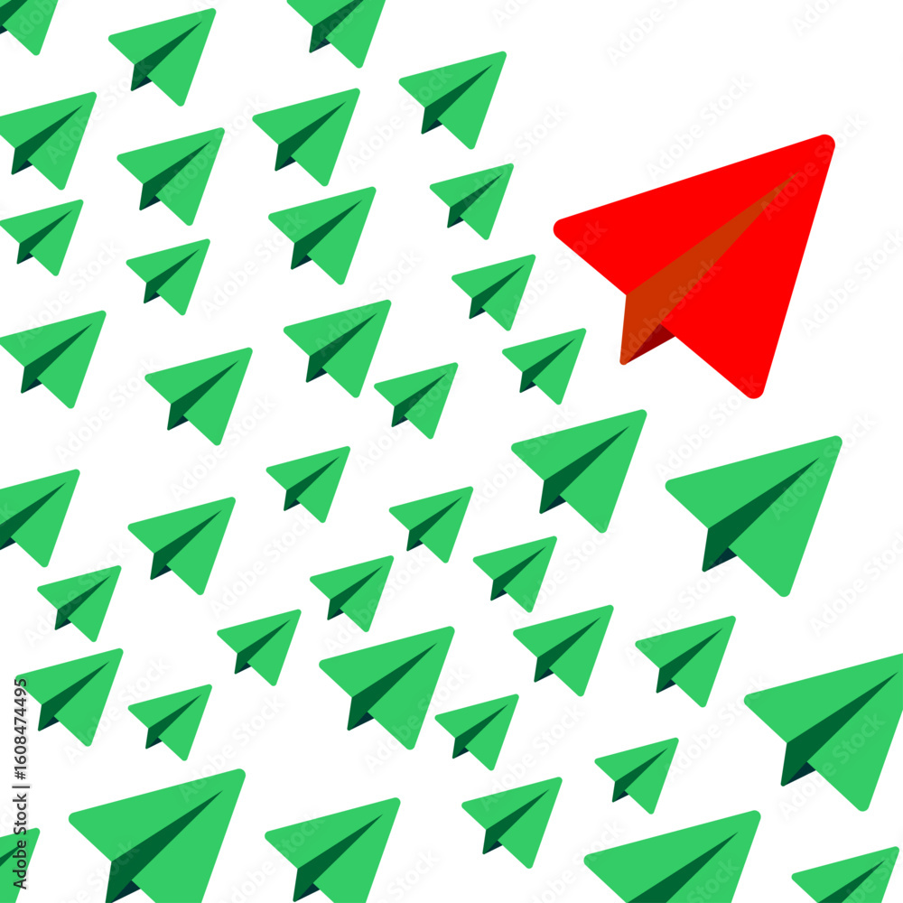 Fototapeta premium Leadership Concept with Red Paper Plane Leading Green Group – Business Innovation and Stand Out Vision Illustration