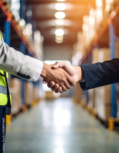 Business handshake in a warehouse.  Two people shake hands
