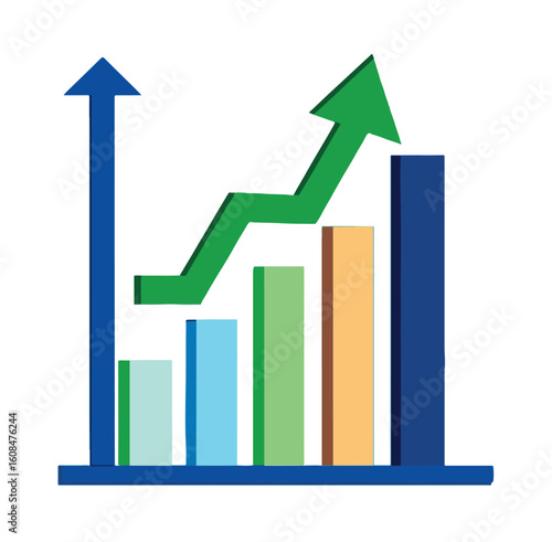 Blue and green arrows pointing upwards over colorful bar graph isolated on white background