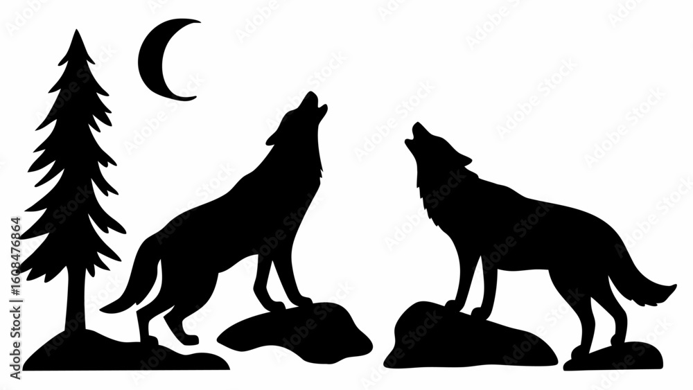 Silhouette of two wolves howling at the moon near a pine tree in a monochrome black and white scene | editable eps vectors Silhouette of two wolves howling at the moon near a pine tree in a monochrome black and white scene | editable eps vectors