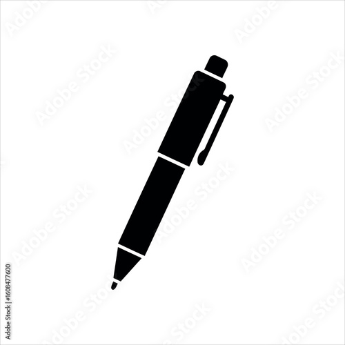 Black ballpoint pen icon on white background writing stationery