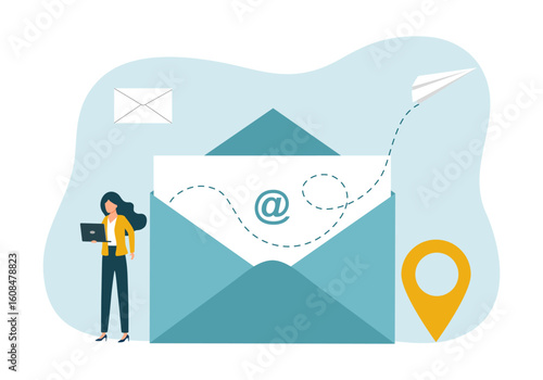 Woman using laptop computer and writing mail. Contact us banner. Concept of online support, customer support, email marketing.