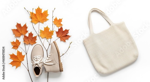 Beige ankle boots and cream knit tote bag with autumn maple leaves fall orange