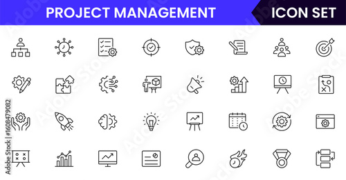 Quality management vector line icons featuring inspections, checklists, standards, testing, certifications, audits, processes, improvements, compliance, and product accuracy symbols.