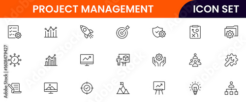 Quality management vector line icons featuring inspections, checklists, standards, testing, certifications, audits, processes, improvements, compliance, and product accuracy symbols.