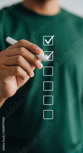 Close-up of hand marking digital checklist for task completion. Organized productivity with green and white theme. Modern to-do list concept.