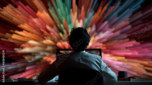 Dynamic workplace with businessman having a vibrant computer screen for head radiating creative energy
