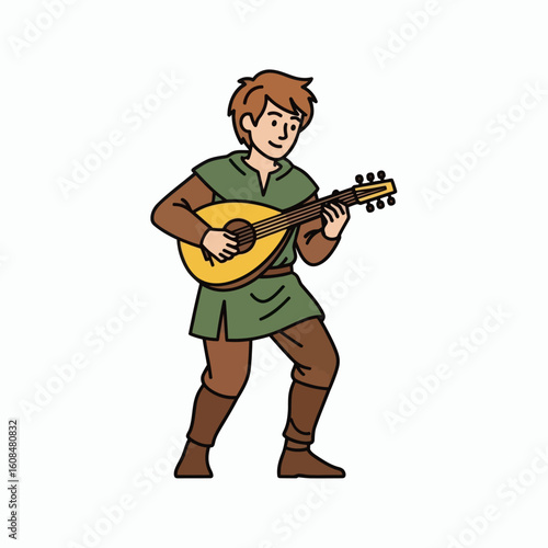 A drawing shows a lute player dressed in medieval attire on a white background