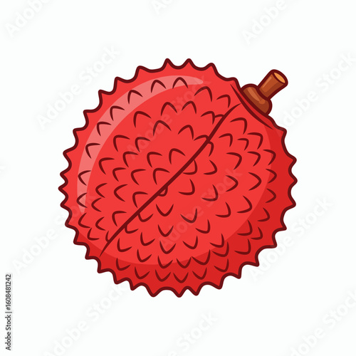 A red lychee fruit with a stem marked by distinct linear divisions and spiky texture