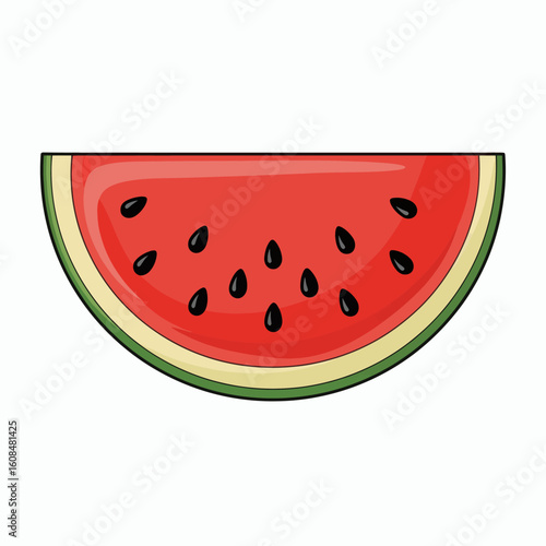 A slice of watermelon with red flesh and black seeds enclosed by a green rind with a beige layer
