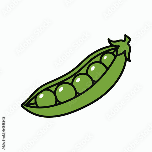 An open green pea pod with five peas inside is outlined in black on a white background