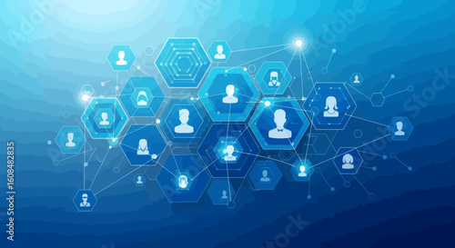 Blue hexagons with person icons linked by lines on a graduated blue background