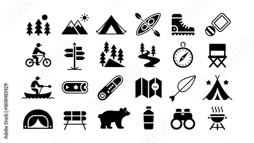 Black camping and outdoor activity icons including tent, kayak, hiking boots, compass, and campfire.
