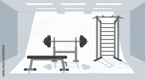 Gray gym scene with bench press barbell wall bars lighting