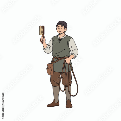 Man in medieval attire holds brush wearing tunic cap carrying pouch and rope