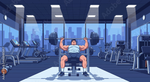 Pixel art shows a muscular man bench pressing in a gym with city skyline visible through large windows