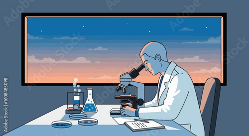 Scientist in lab uses microscope with beakers Petri dishes and a sunset view