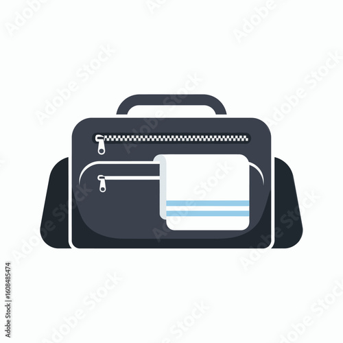Vector image of a black duffel bag with a white towel featuring blue stripes and zipper details