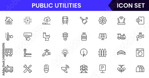 Public utilities vector line icons featuring water, electricity, gas, waste management, infrastructure, service meters, maintenance, power plants, and community resources.