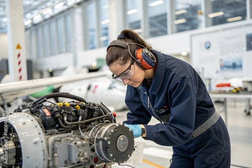 A woman in a blue jumpsuit is working on an airplane engine