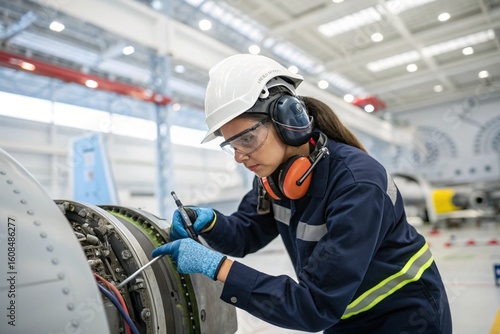 A woman in a blue jumpsuit is working on an airplane engine