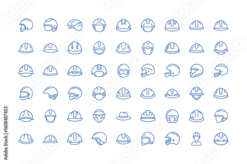 Collection of various helmets in blue outline style