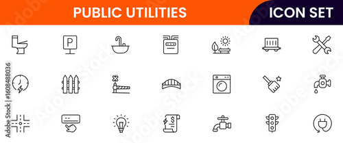 Public utilities vector line icons featuring water, electricity, gas, waste management, infrastructure, service meters, maintenance, power plants, and community resources.