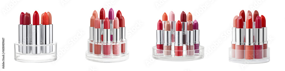 Obraz premium Lipstick Display: Variety of Red and Pink Shades on White