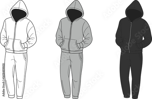 CAD drawing flat vector illustration of hoodie tracksuit set with hood up, front view, in black, grey, and white