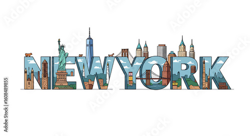 Stylized vector illustration of the word NEW YORK filled with artistic mini-scenes of iconic landmarks