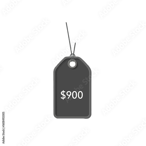 A gray price tag displaying the price of $900, hanging by a string against a white background.