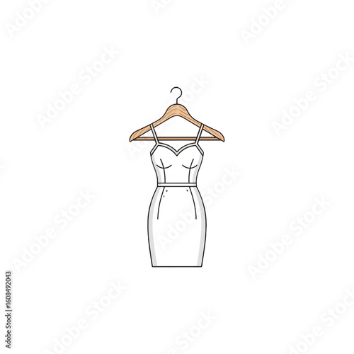 Simple line drawing of a white sundress hanging on a wooden hanger.