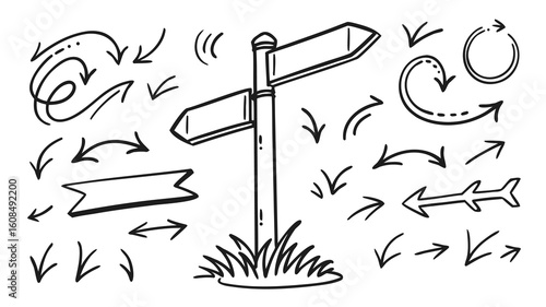 Vector  hand drawn direction signpost with two signs surrounded by various arrow designs and a banner shape design