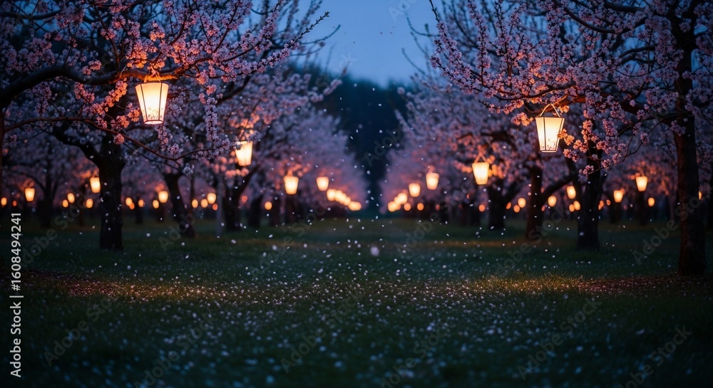 Obraz premium Enchanting Blossom Illumination: An Evening Stroll Through a Dreamy Orchard