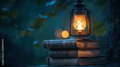 Books stacked beside a glowing lantern