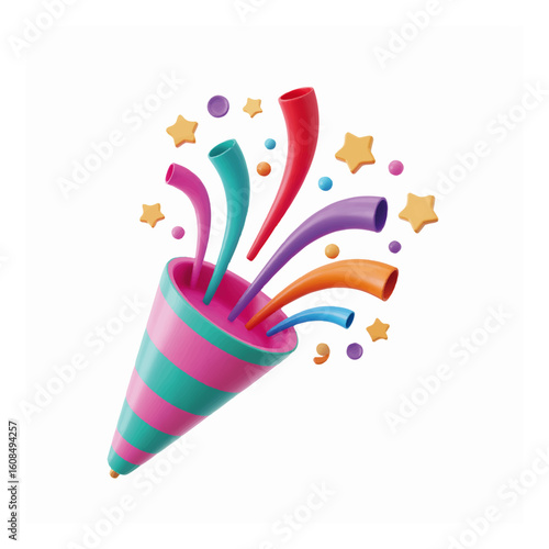 Colorful 3D party popper exploding with festive confetti and stars for a celebration.