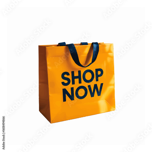 Bright yellow shopping bag with 'Shop Now' text for retail sales and promotions, isolated on white