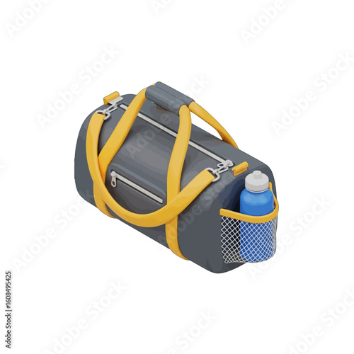Gray duffel bag with yellow straps and a blue water bottle in a mesh pocket.
