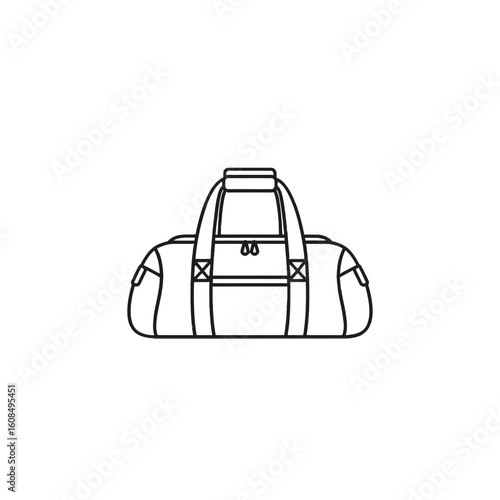 Simple line drawing of a duffel bag, showing its shape and handles.