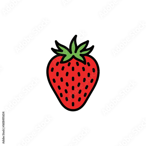 Simple illustration of a ripe, red strawberry with green leaves, isolated on white.