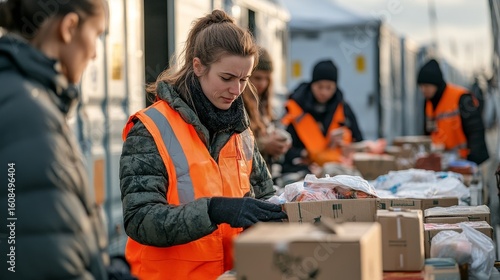 Volunteers wearing orange safety vests are organizing and packing food supplies outdoors, preparing aid boxes for distribution.