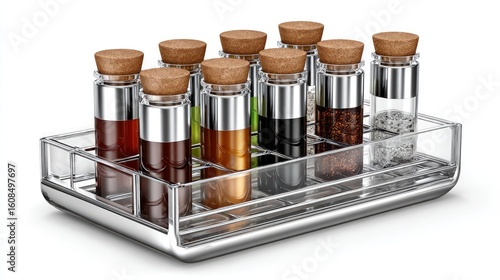 Spice rack with glass bottles and acrylic tray