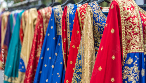 Row of exquisite traditional Indian ethnic wear with vibrant colors and golden threadwork on display.